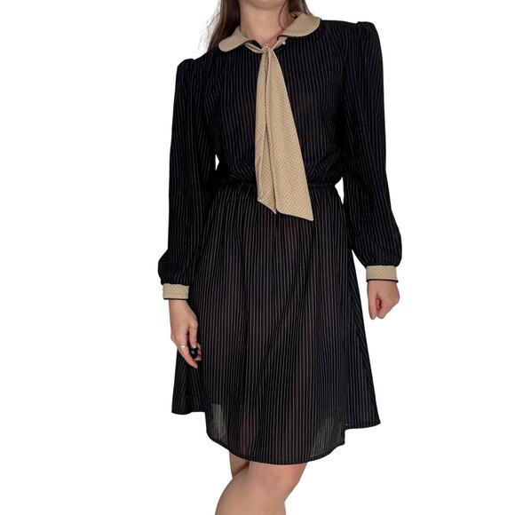 Vintage Luci Fellini 1980s Black Pin Stripe Dress Polka Dot Neck Tie Collar - Picture 1 of 13